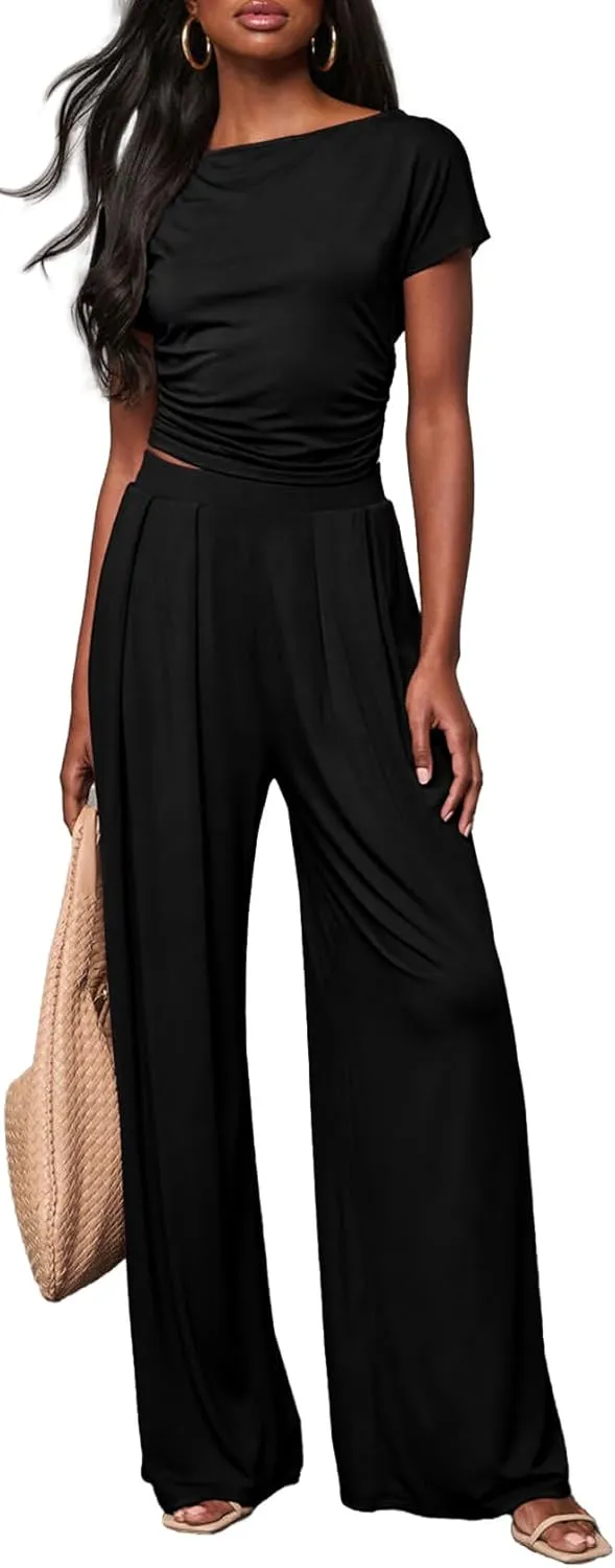 2 Piece Sets for Women Summer Crop Tops, Wide Leg Palazzo Pants Matching Lounge Sets for Women Vacation Outfits