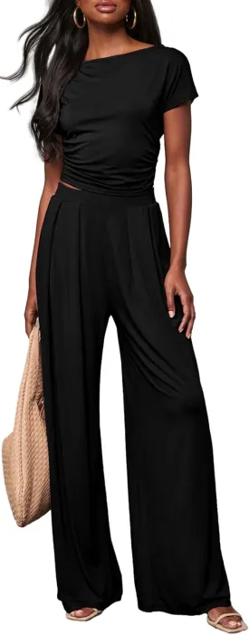 2 Piece Sets for Women Summer Crop Tops, Wide Leg Palazzo Pants Matching Lounge Sets for Women Vacation Outfits