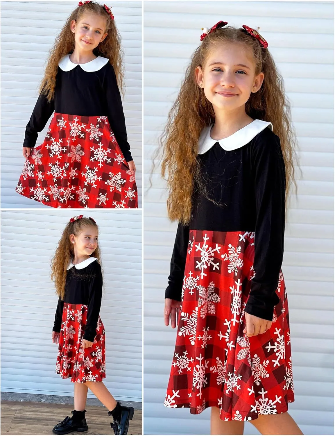 Arshiner Girls Long Sleeve Dress Casual Vintage Peter Pan Collar Swing Party Dress Age 3-14 Years