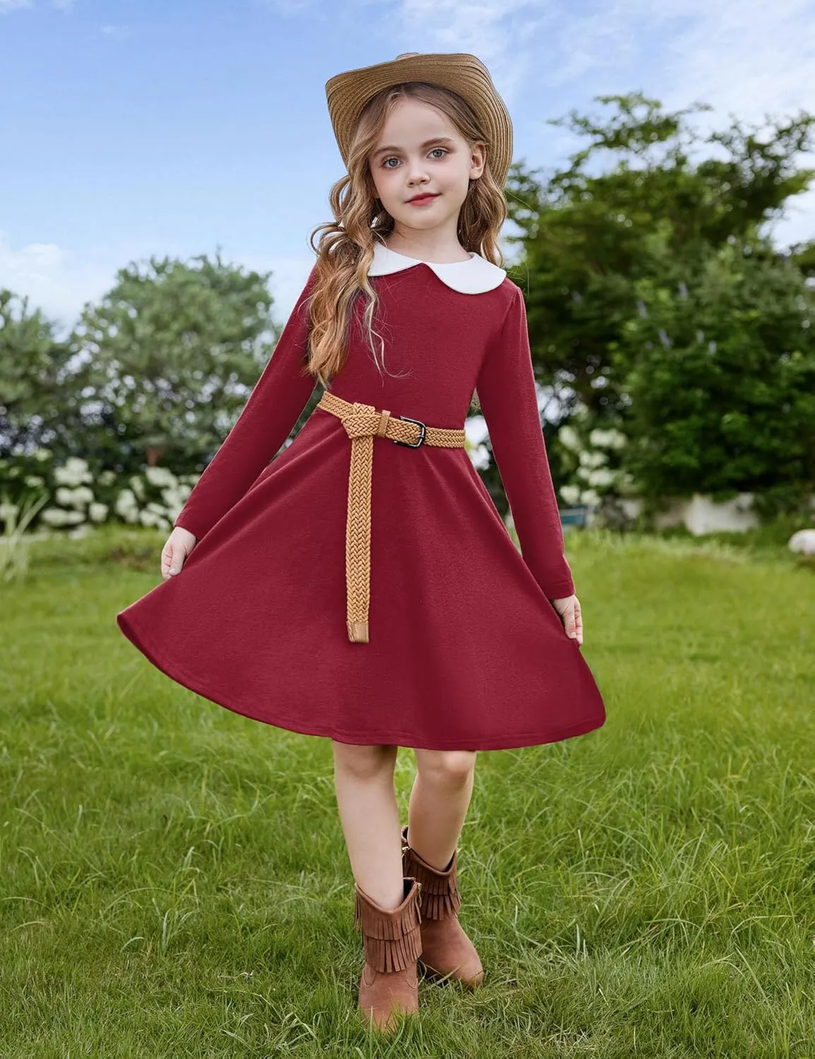 Arshiner Girls Long Sleeve Dress Casual Vintage Peter Pan Collar Swing Party Dress Age 3-14 Years
