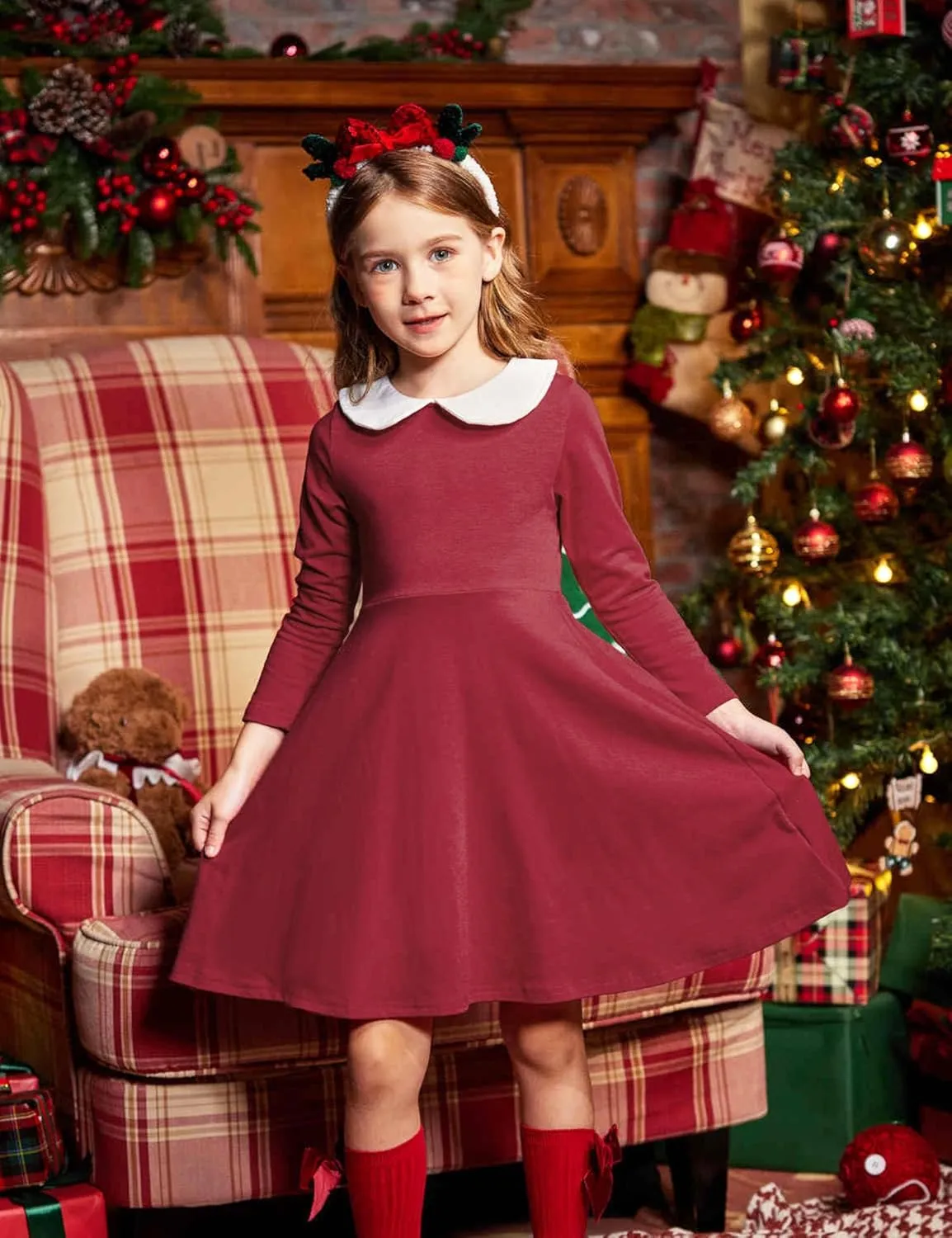 Arshiner Girls Long Sleeve Dress Casual Vintage Peter Pan Collar Swing Party Dress Age 3-14 Years