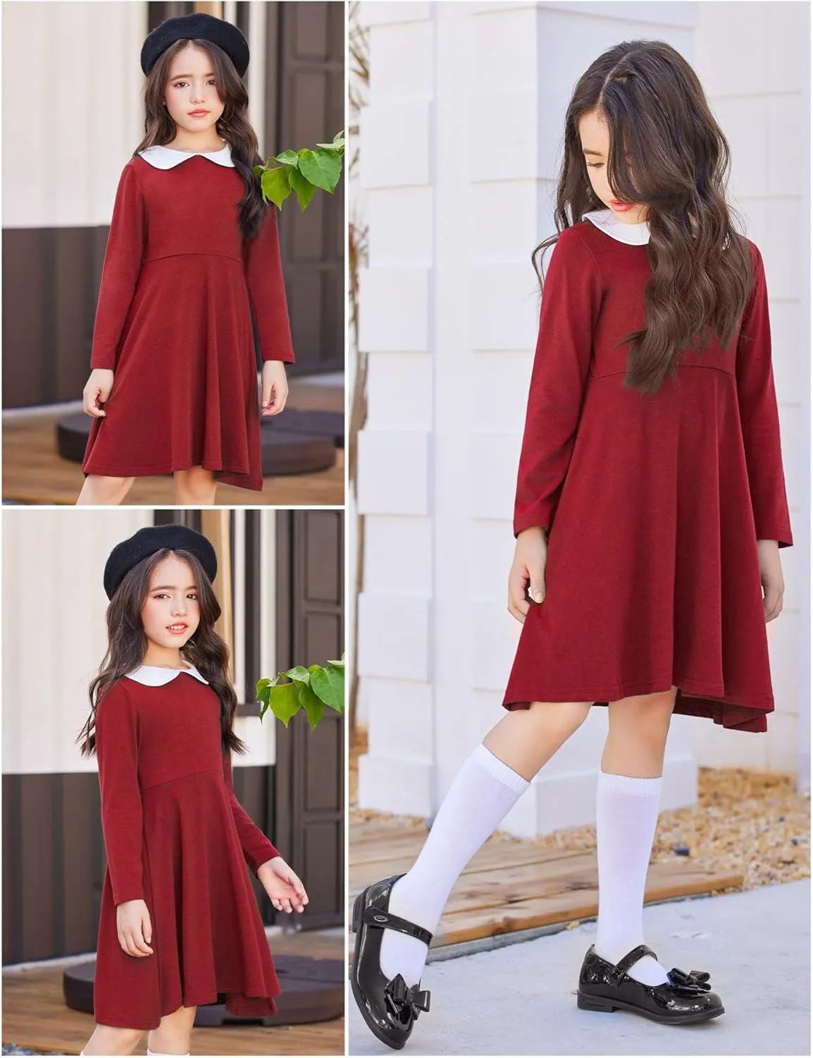 Arshiner Girls Long Sleeve Dress Casual Vintage Peter Pan Collar Swing Party Dress Age 3-14 Years