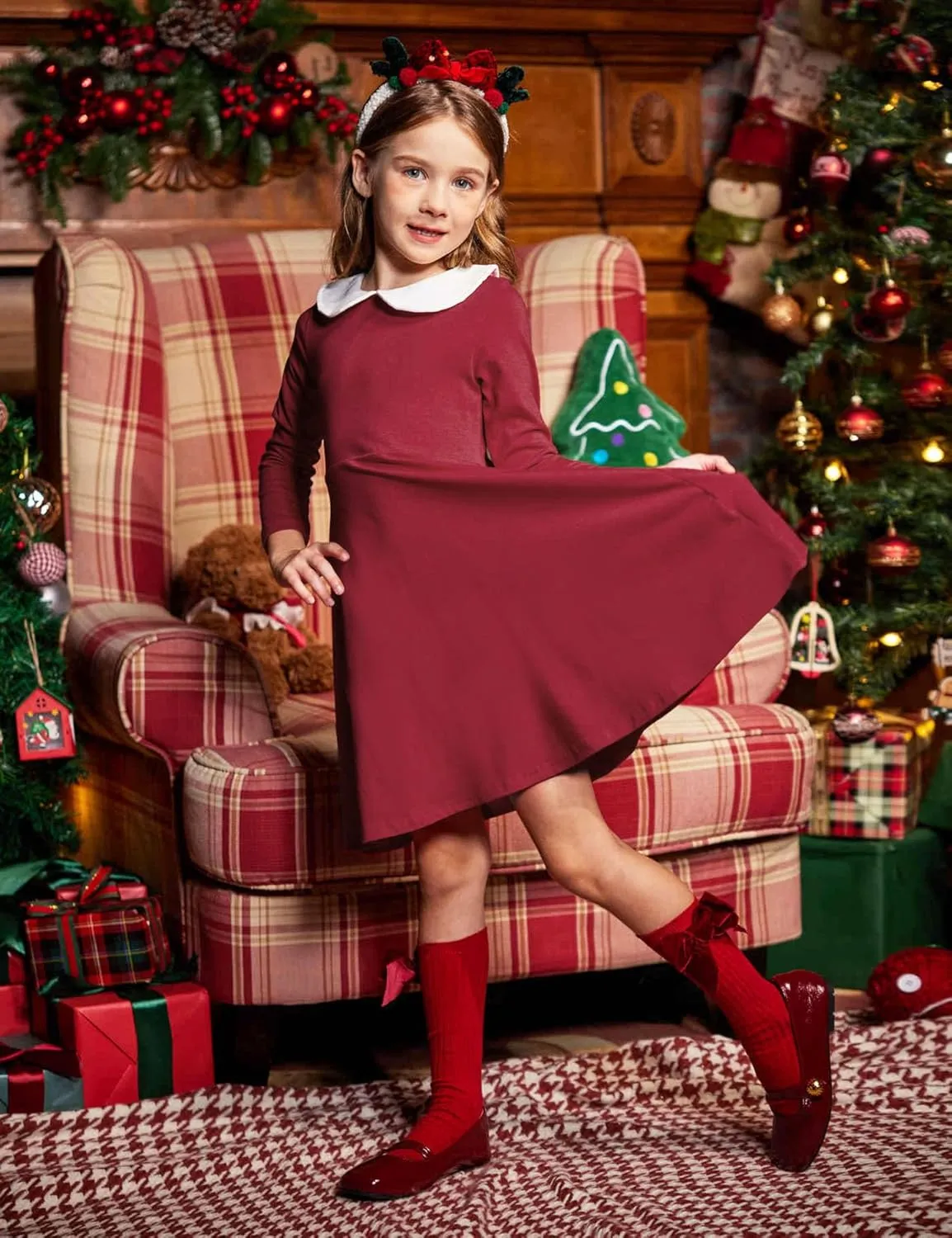 Arshiner Girls Long Sleeve Dress Casual Vintage Peter Pan Collar Swing Party Dress Age 3-14 Years