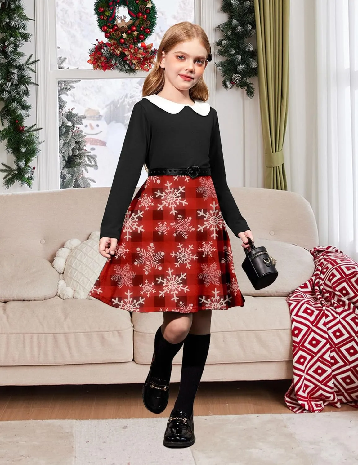 Arshiner Girls Long Sleeve Dress Casual Vintage Peter Pan Collar Swing Party Dress Age 3-14 Years