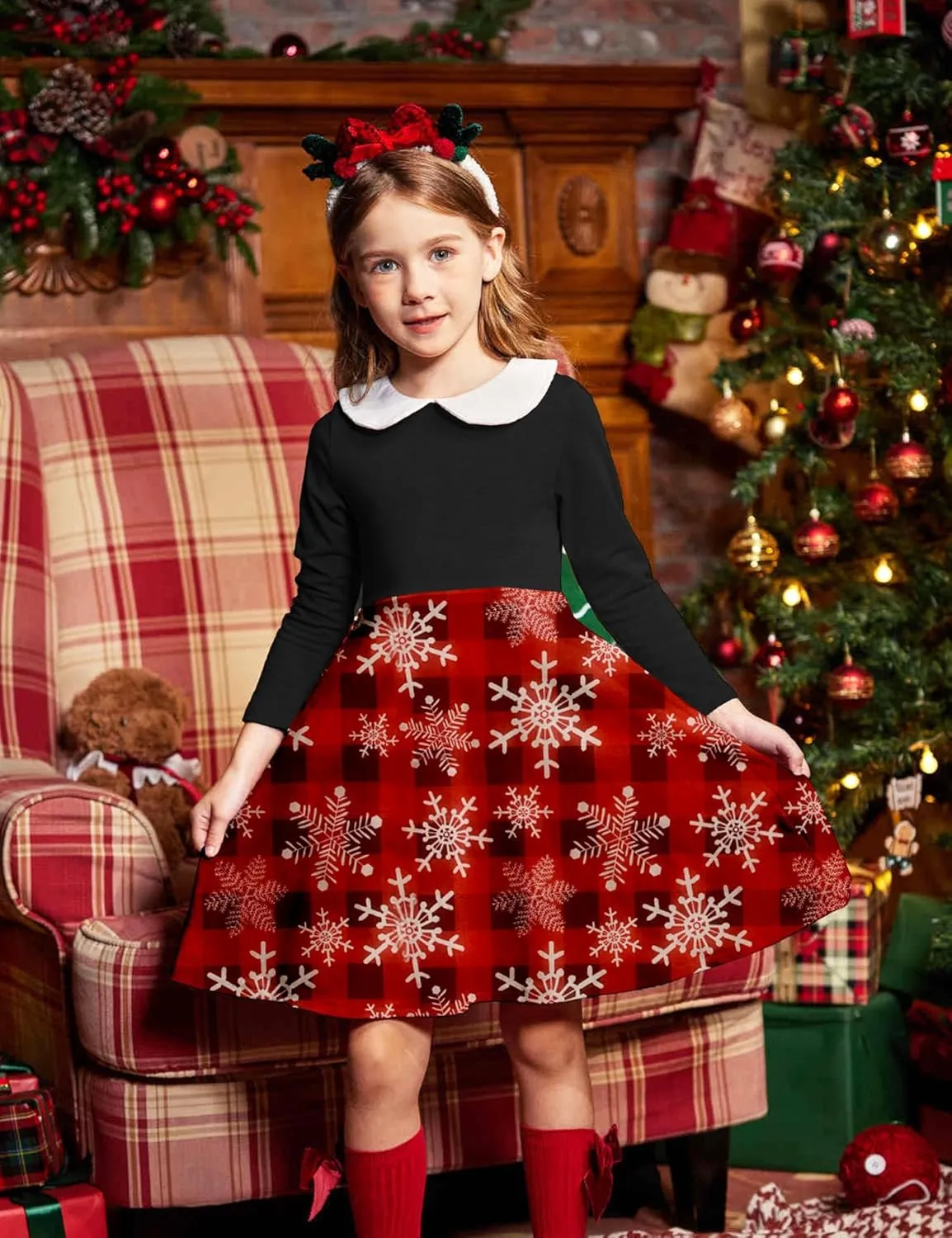 Arshiner Girls Long Sleeve Dress Casual Vintage Peter Pan Collar Swing Party Dress Age 3-14 Years