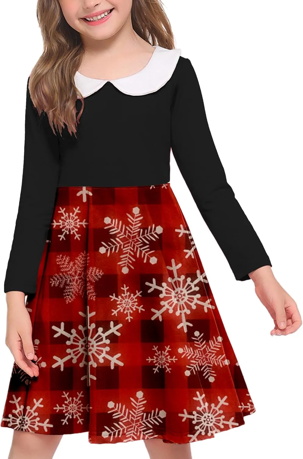 Arshiner Girls Long Sleeve Dress Casual Vintage Peter Pan Collar Swing Party Dress Age 3-14 Years