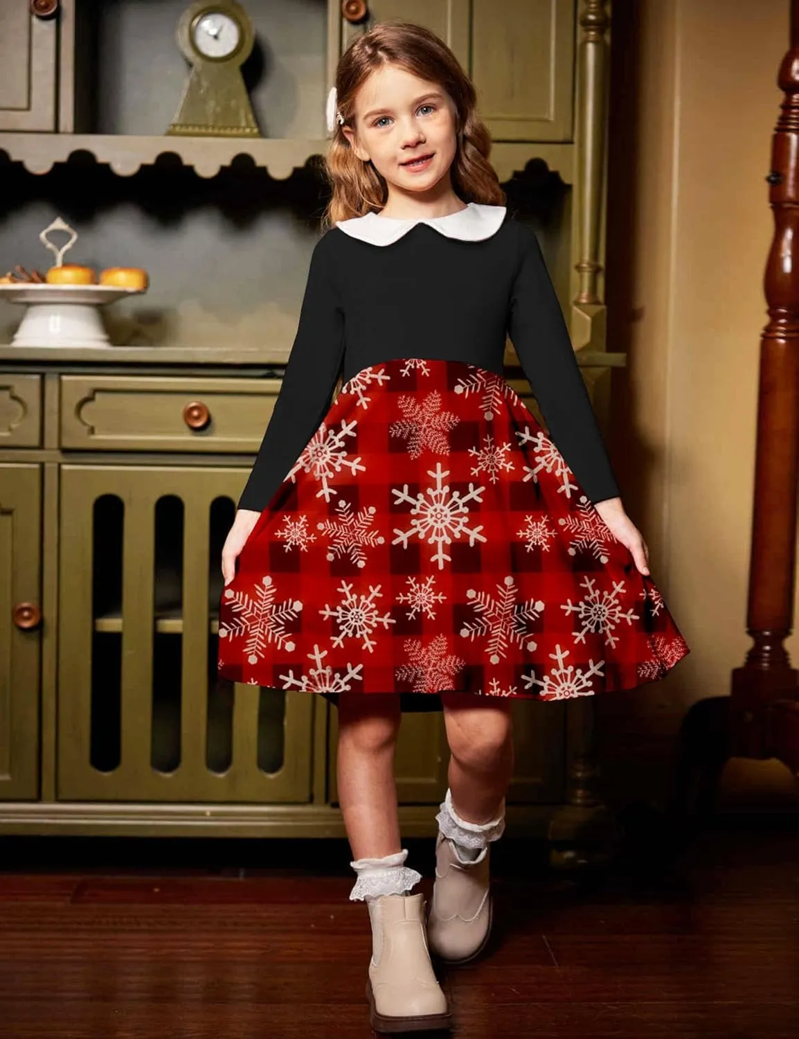 Arshiner Girls Long Sleeve Dress Casual Vintage Peter Pan Collar Swing Party Dress Age 3-14 Years