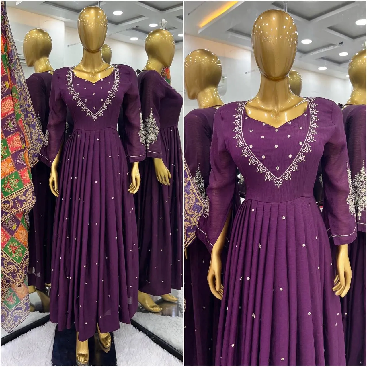 Beautiful Purple Color Pure Chinnon Embroidery Sequins Work Salwar Suits With Dupatta Set