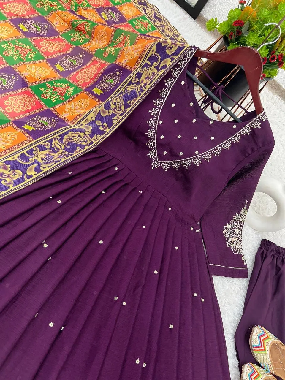 Beautiful Purple Color Pure Chinnon Embroidery Sequins Work Salwar Suits With Dupatta Set