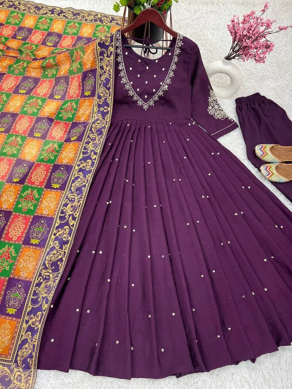Beautiful Purple Color Pure Chinnon Embroidery Sequins Work Salwar Suits With Dupatta Set