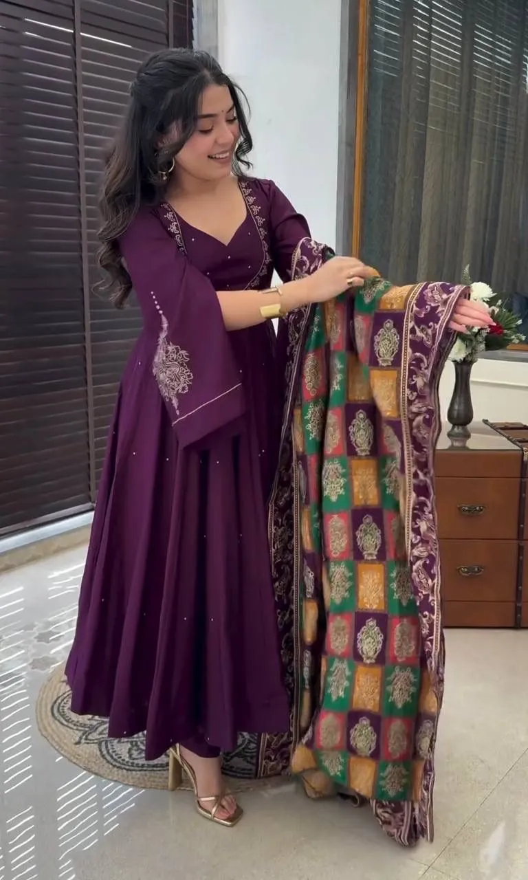 Beautiful Purple Color Pure Chinnon Embroidery Sequins Work Salwar Suits With Dupatta Set
