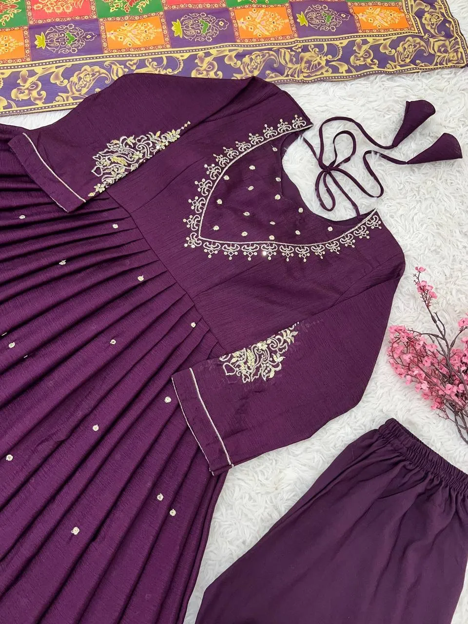 Beautiful Purple Color Pure Chinnon Embroidery Sequins Work Salwar Suits With Dupatta Set