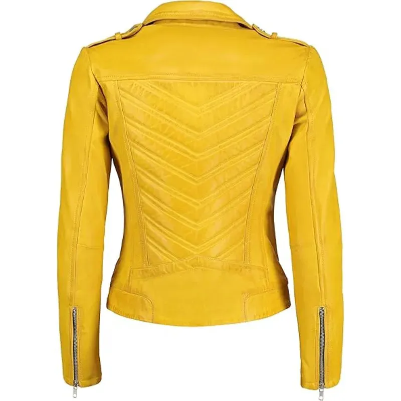 Biker Style Vintage Leather Yellow Jacket For Women