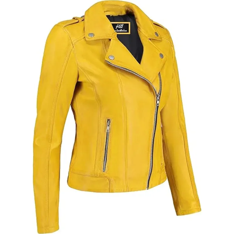 Biker Style Vintage Leather Yellow Jacket For Women