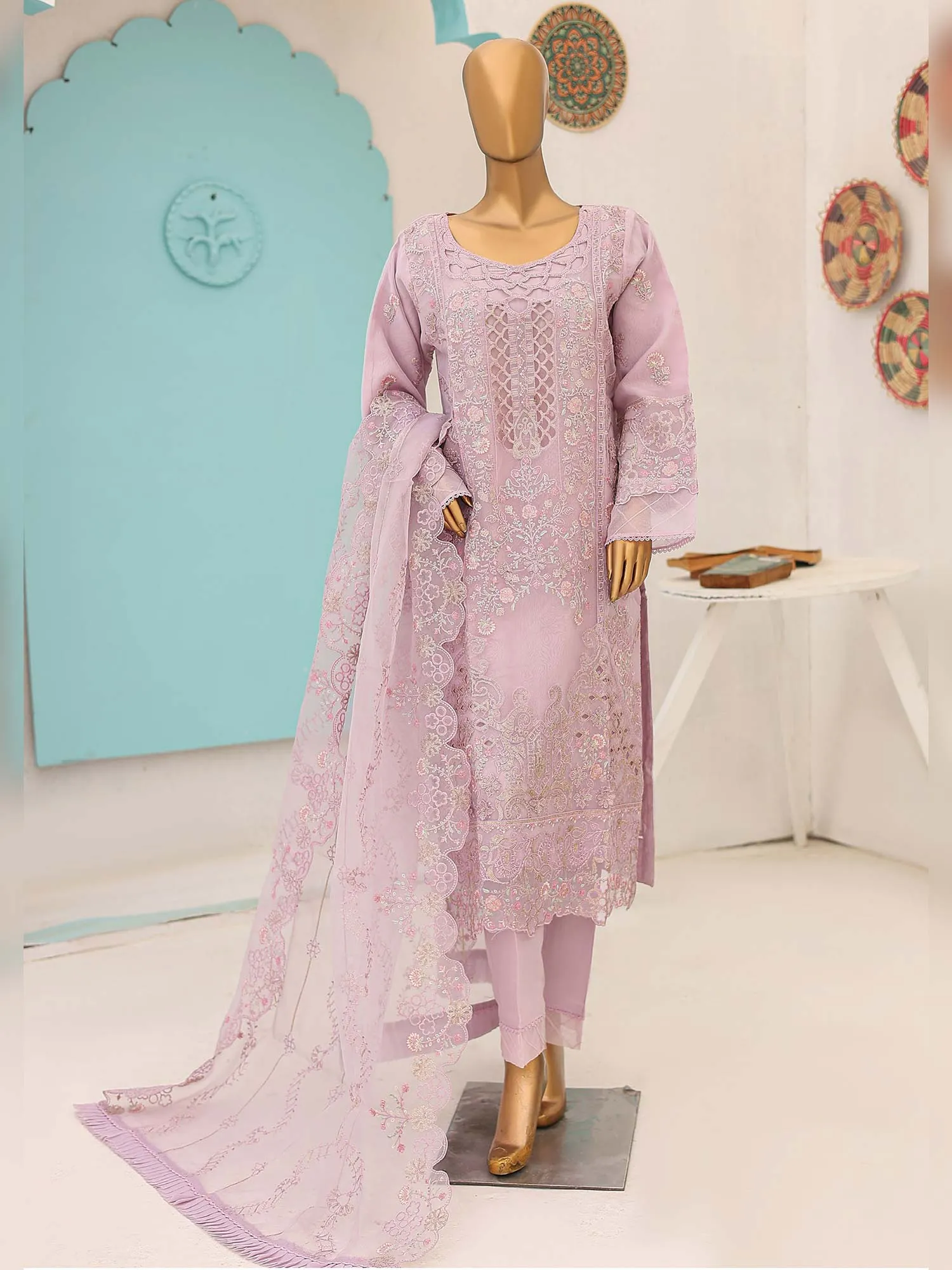 Bin Saeed Luxury Embroidered Organza Suit - Lilac
