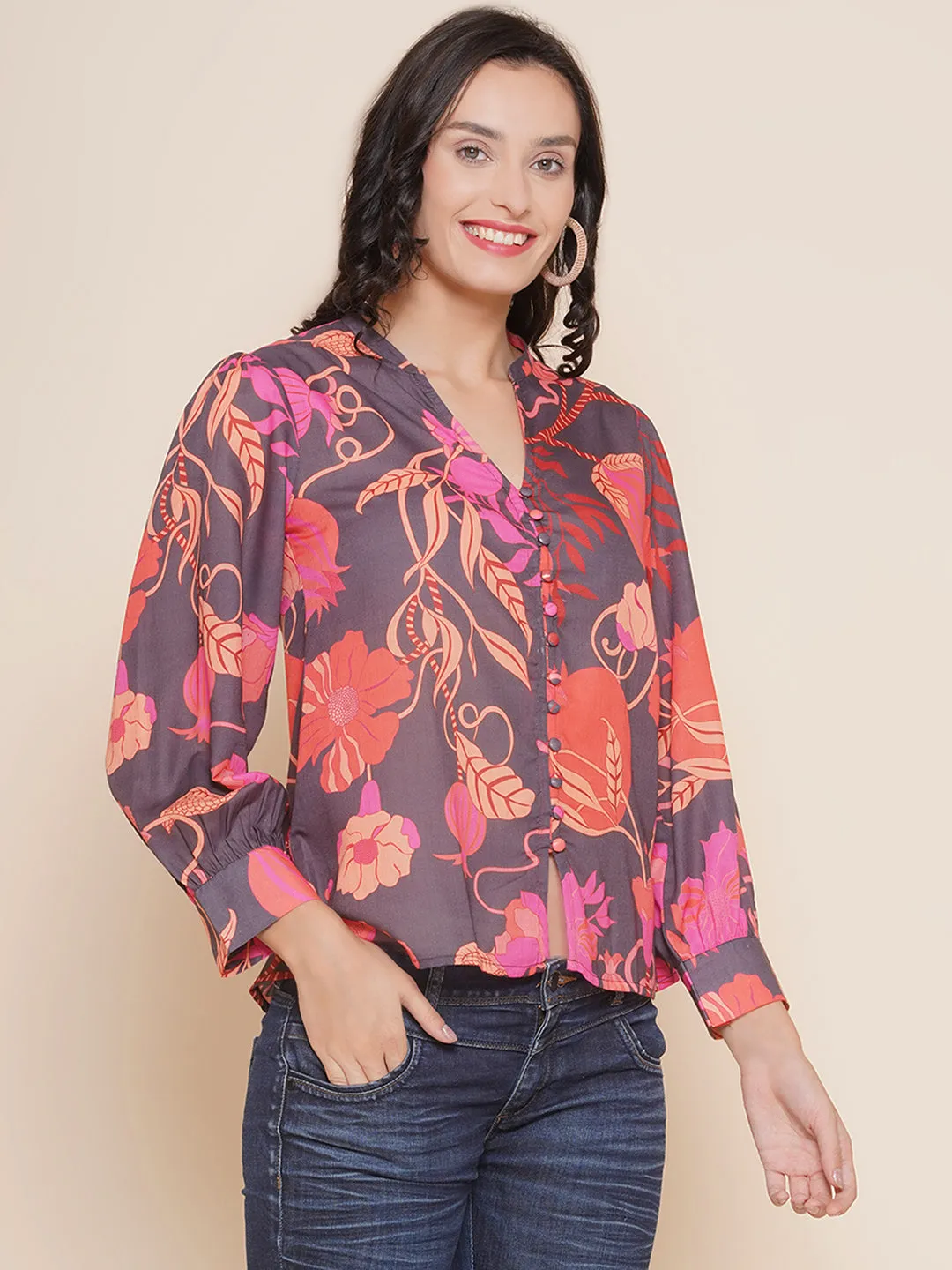 Black Printed Shirt Style Top