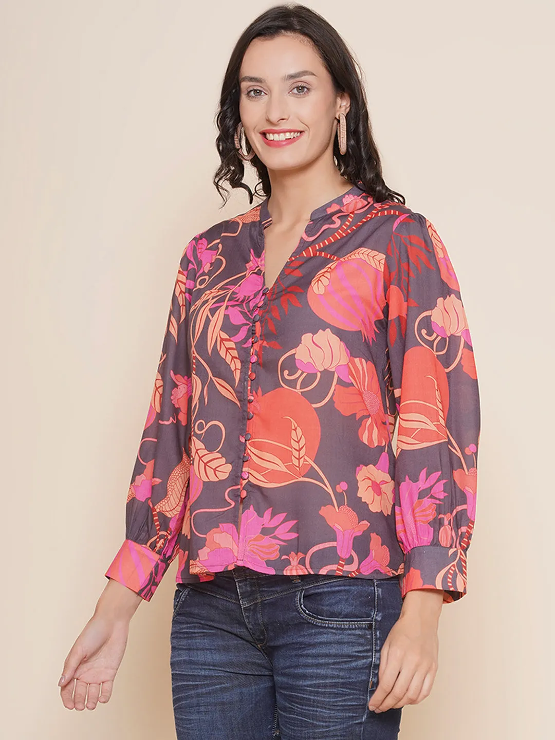 Black Printed Shirt Style Top