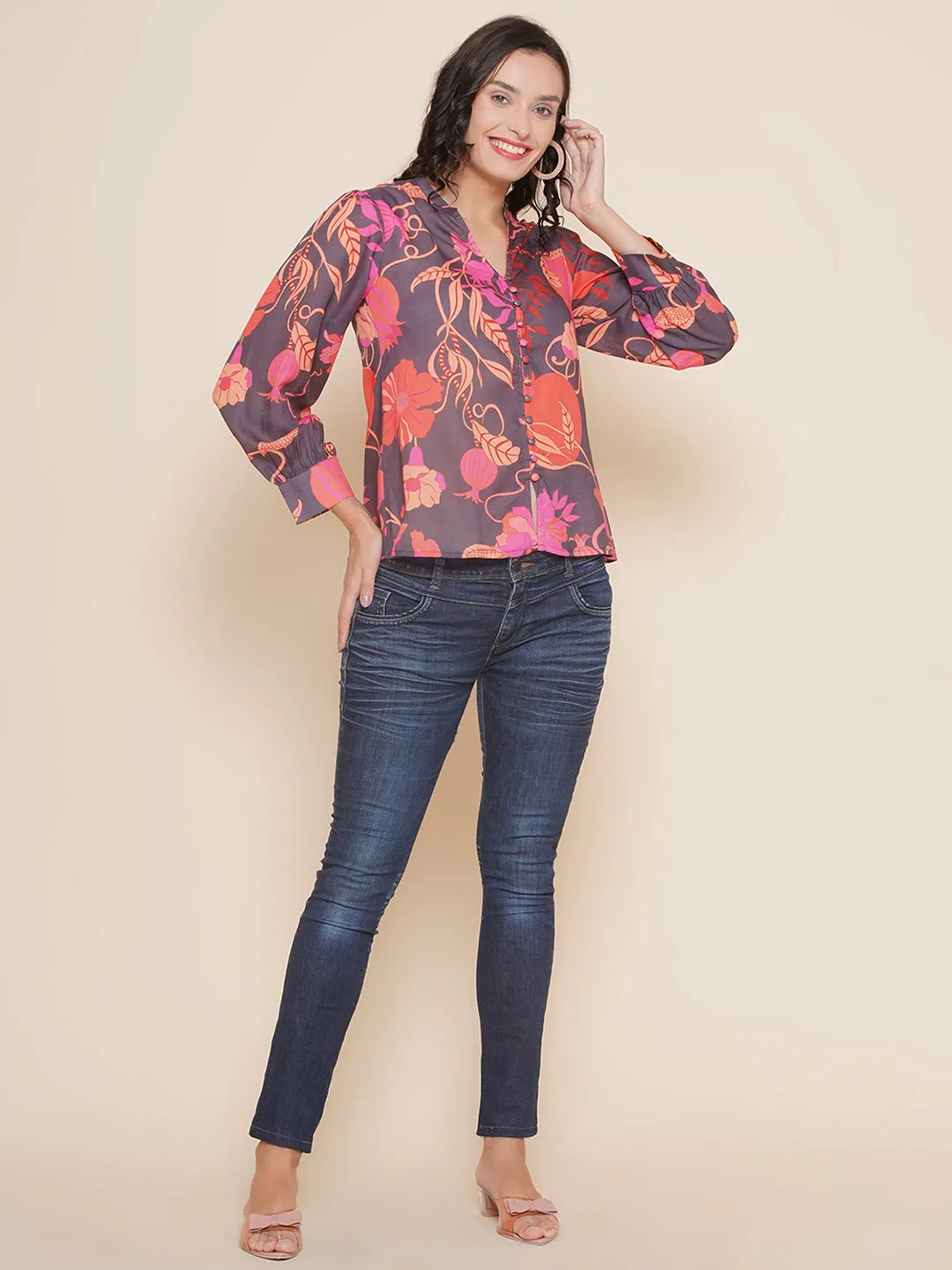 Black Printed Shirt Style Top