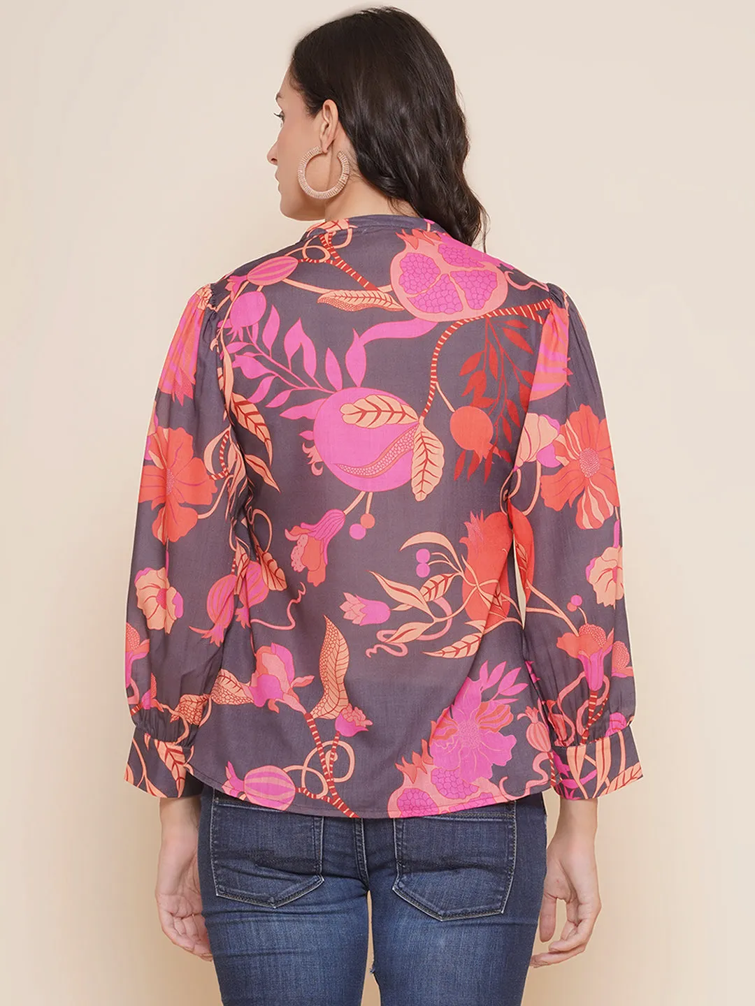 Black Printed Shirt Style Top