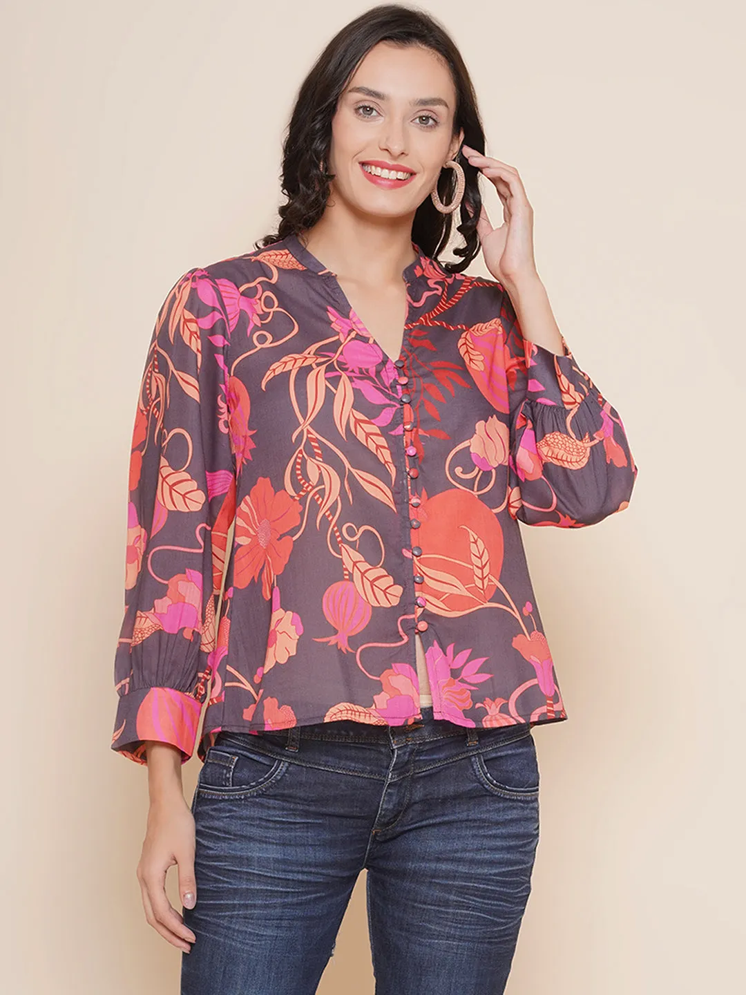 Black Printed Shirt Style Top