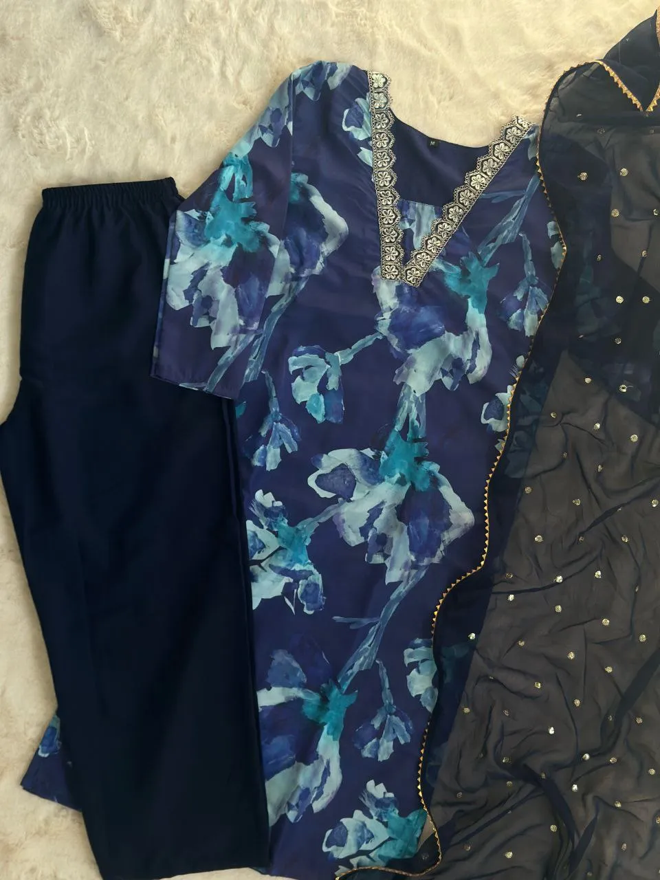 Blue Stunning Digital Print Kurta Set with Embroidered Dupatta