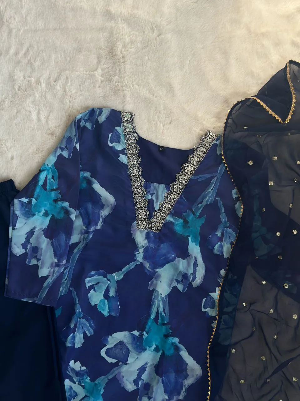 Blue Stunning Digital Print Kurta Set with Embroidered Dupatta