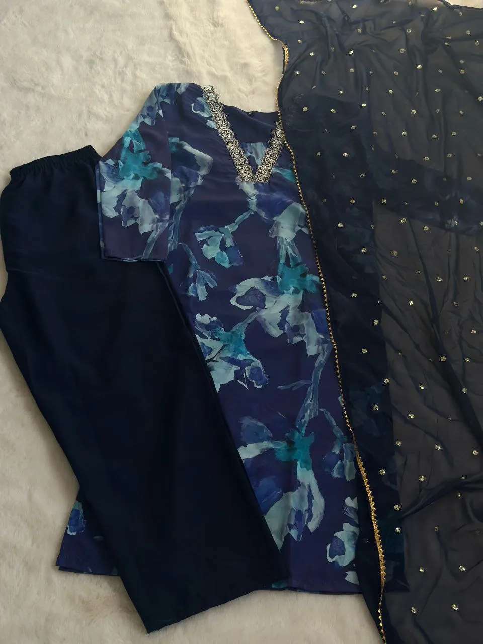 Blue Stunning Digital Print Kurta Set with Embroidered Dupatta