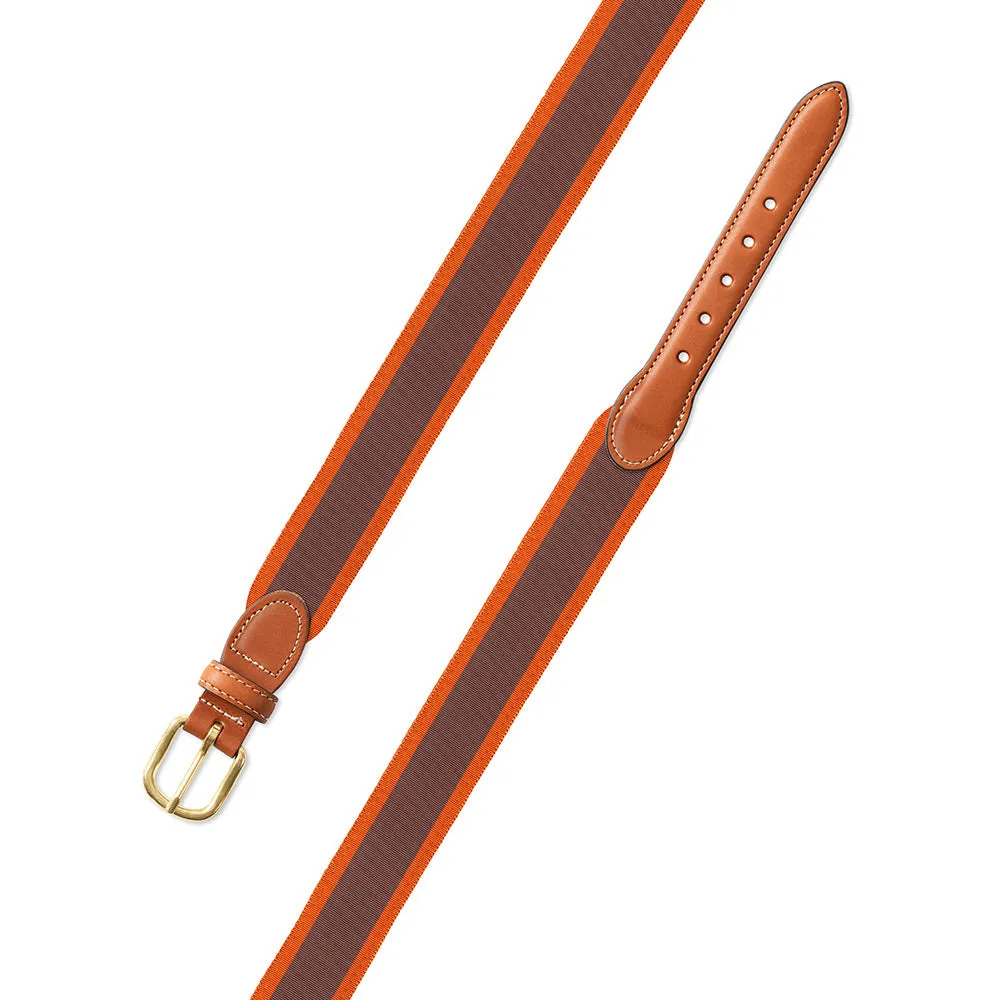 Brown & Orange Grosgrain Ribbon Leather Tab Belt