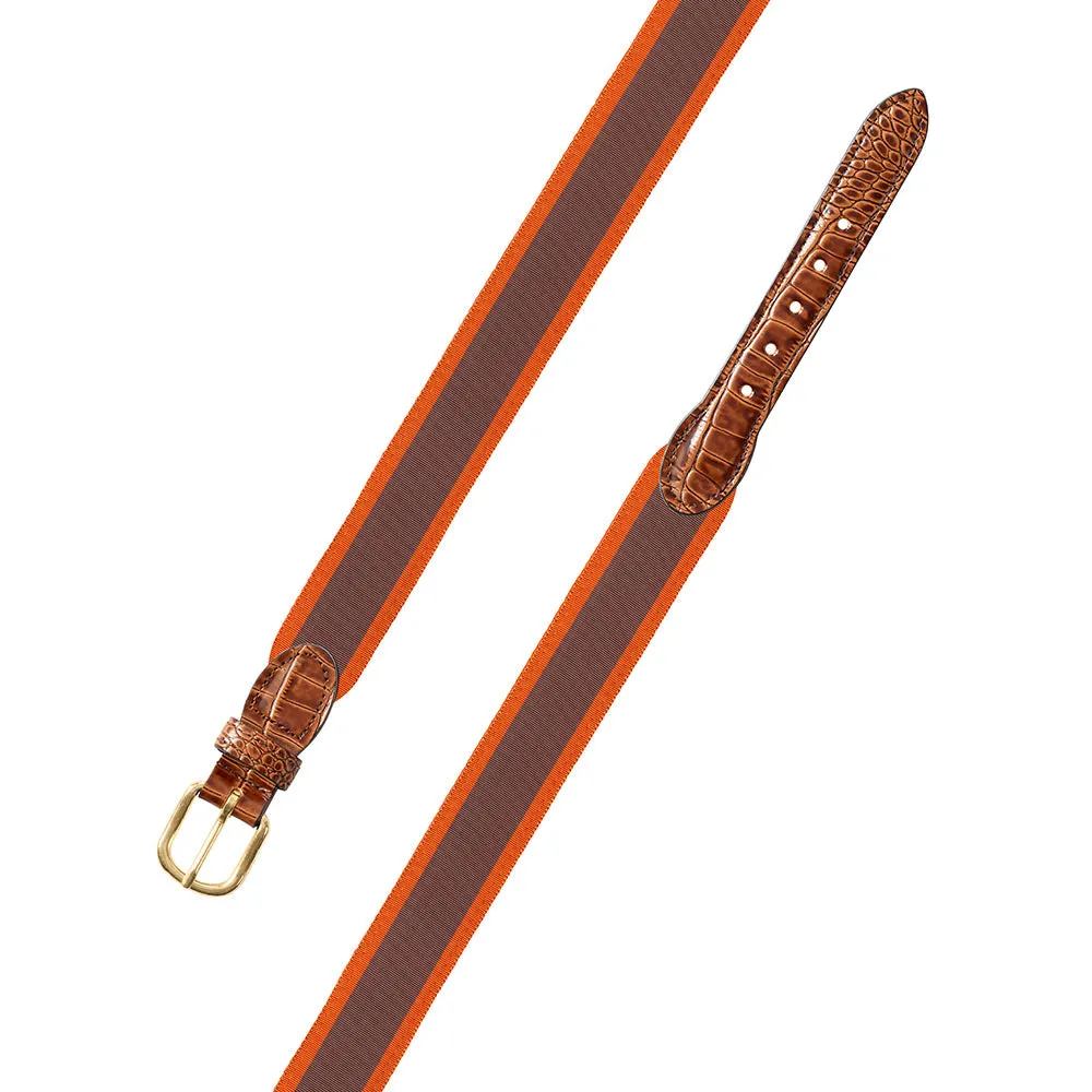 Brown & Orange Grosgrain Ribbon Leather Tab Belt
