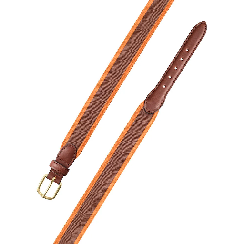 Brown & Orange Grosgrain Ribbon Leather Tab Belt