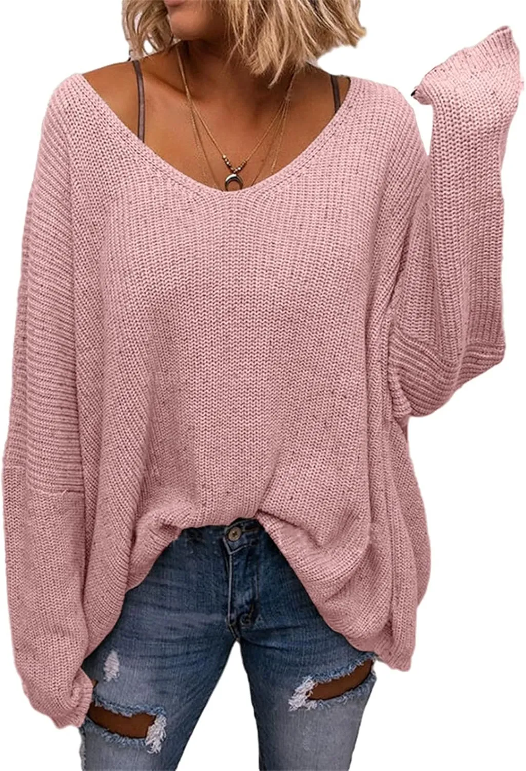 BZB Women's V Neck Long Sleeve Knit Loose Oversized Pullover Sweater Top