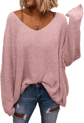 BZB Women's V Neck Long Sleeve Knit Loose Oversized Pullover Sweater Top