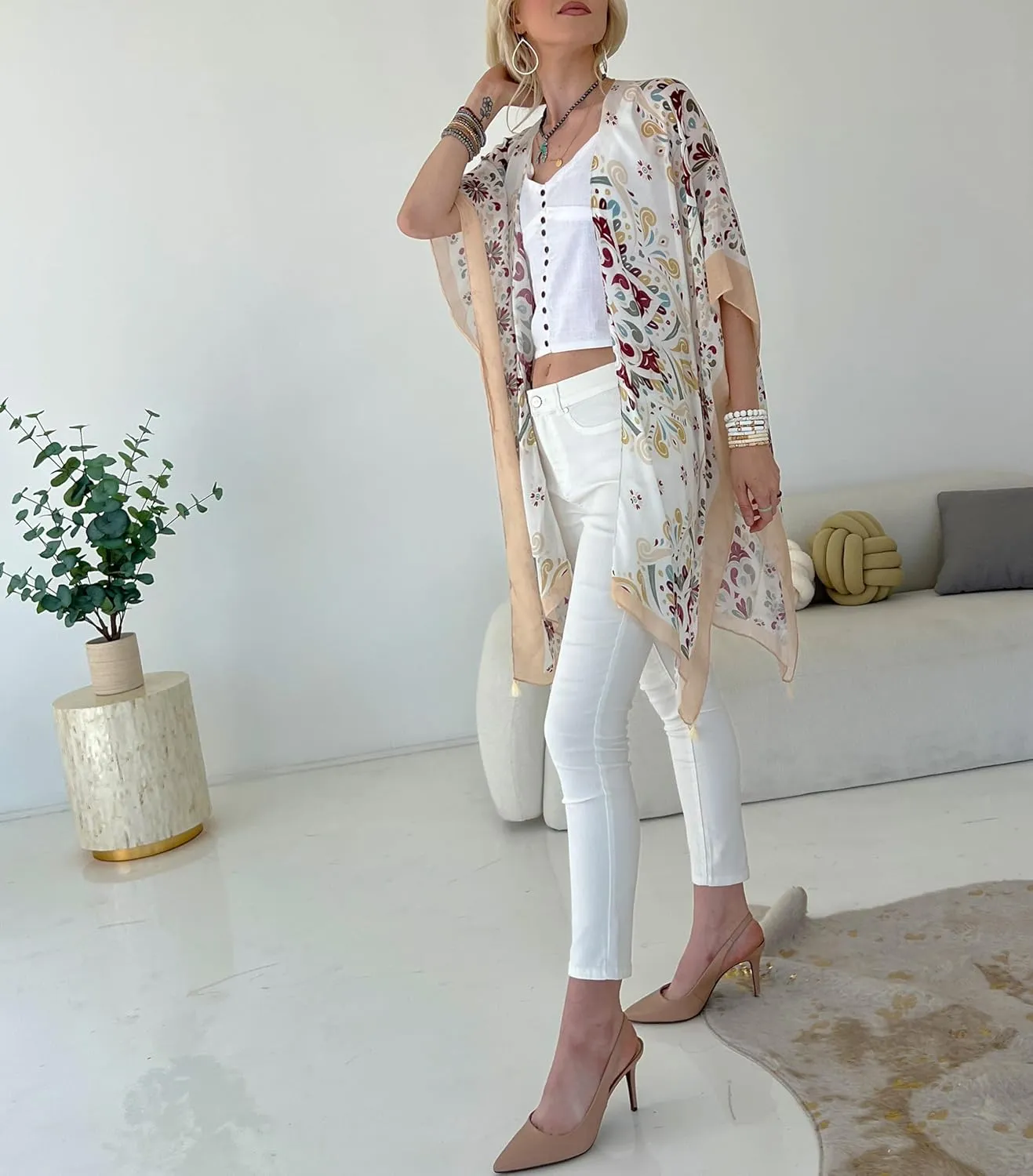 CATCHY & CRAFTY Swimsuit Coverup for Women Kimono Cardigan Beach Floral Boho Print Resort Wear Viscose