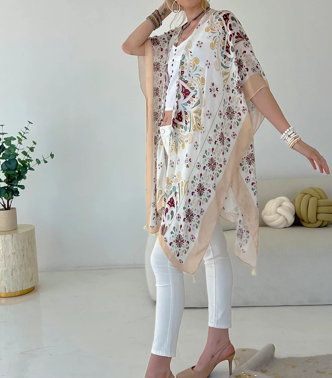 CATCHY & CRAFTY Swimsuit Coverup for Women Kimono Cardigan Beach Floral Boho Print Resort Wear Viscose