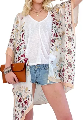 CATCHY & CRAFTY Swimsuit Coverup for Women Kimono Cardigan Beach Floral Boho Print Resort Wear Viscose