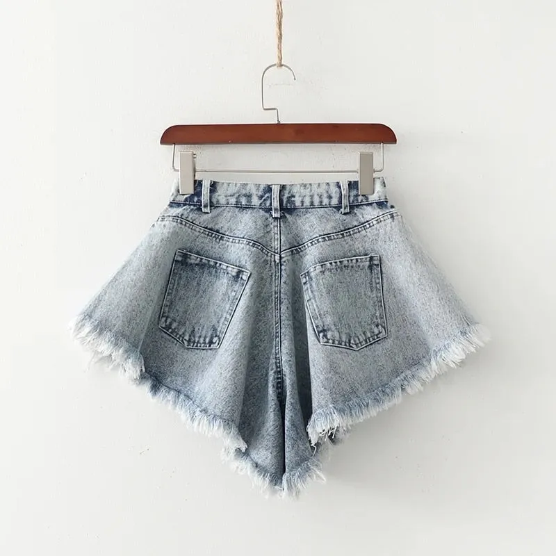 Denim Shorts Loose Wide Leg Denim Shorts Ripped Tasseled Retro Shorts