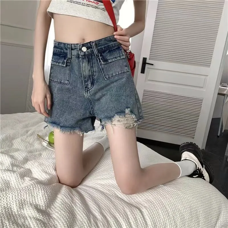 Distressed Frayed Edge Denim Blue Slimming High-Waisted Worn-Out Look Shorts
