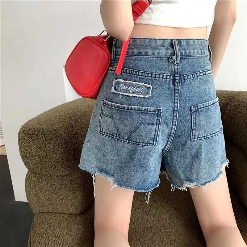 Distressed Frayed Edge Denim Blue Slimming High-Waisted Worn-Out Look Shorts