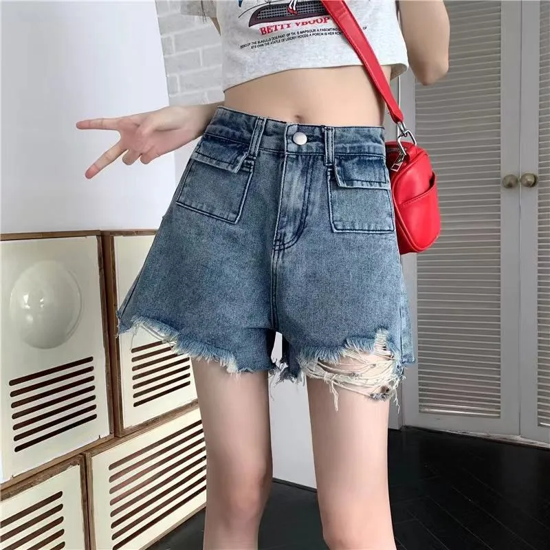 Distressed Frayed Edge Denim Blue Slimming High-Waisted Worn-Out Look Shorts