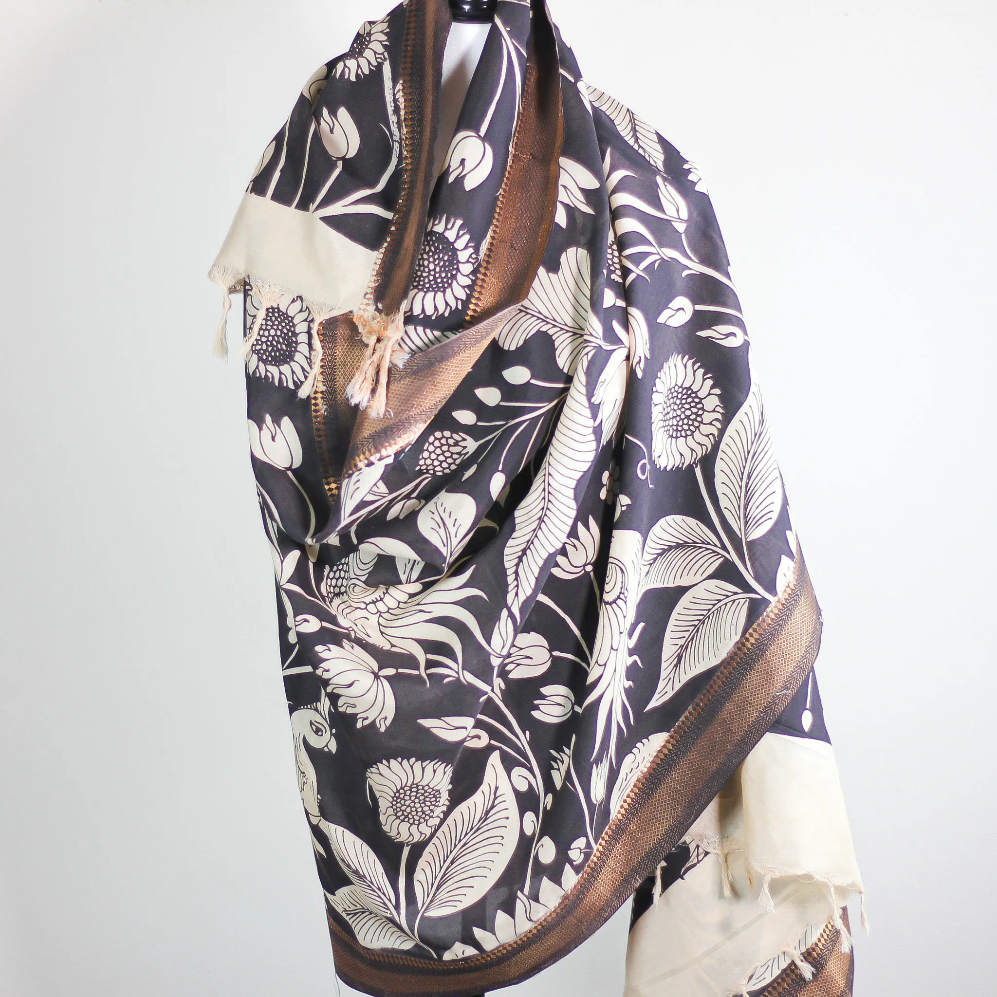 Ethnic Hand-Painted Kalamkari Silk Wrap - Natural Dyes, Floral Design | Black, 34x92"