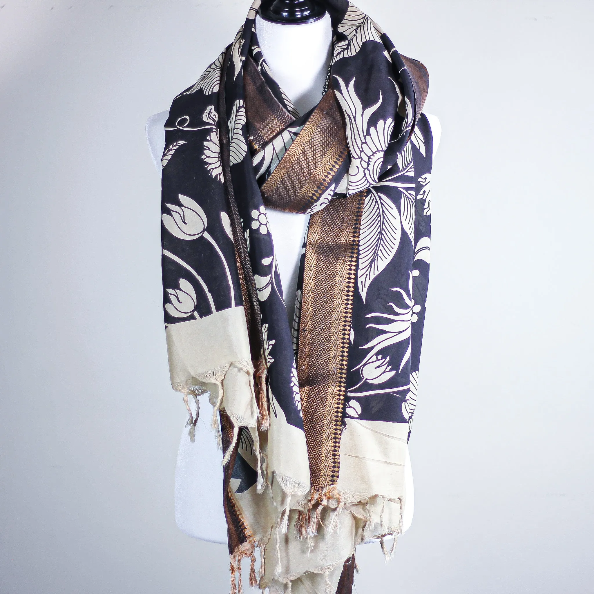 Ethnic Hand-Painted Kalamkari Silk Wrap - Natural Dyes, Floral Design | Black, 34x92"