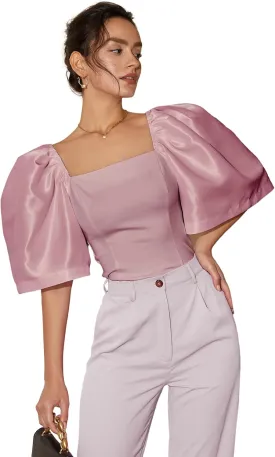 Floerns Women's Square Neck Puff Short Sleeve Elegant Blouse Crop Top