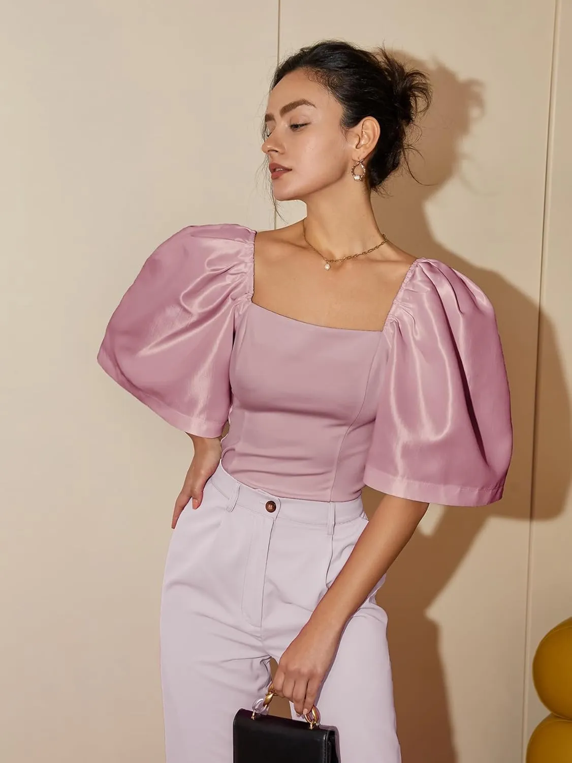 Floerns Women's Square Neck Puff Short Sleeve Elegant Blouse Crop Top