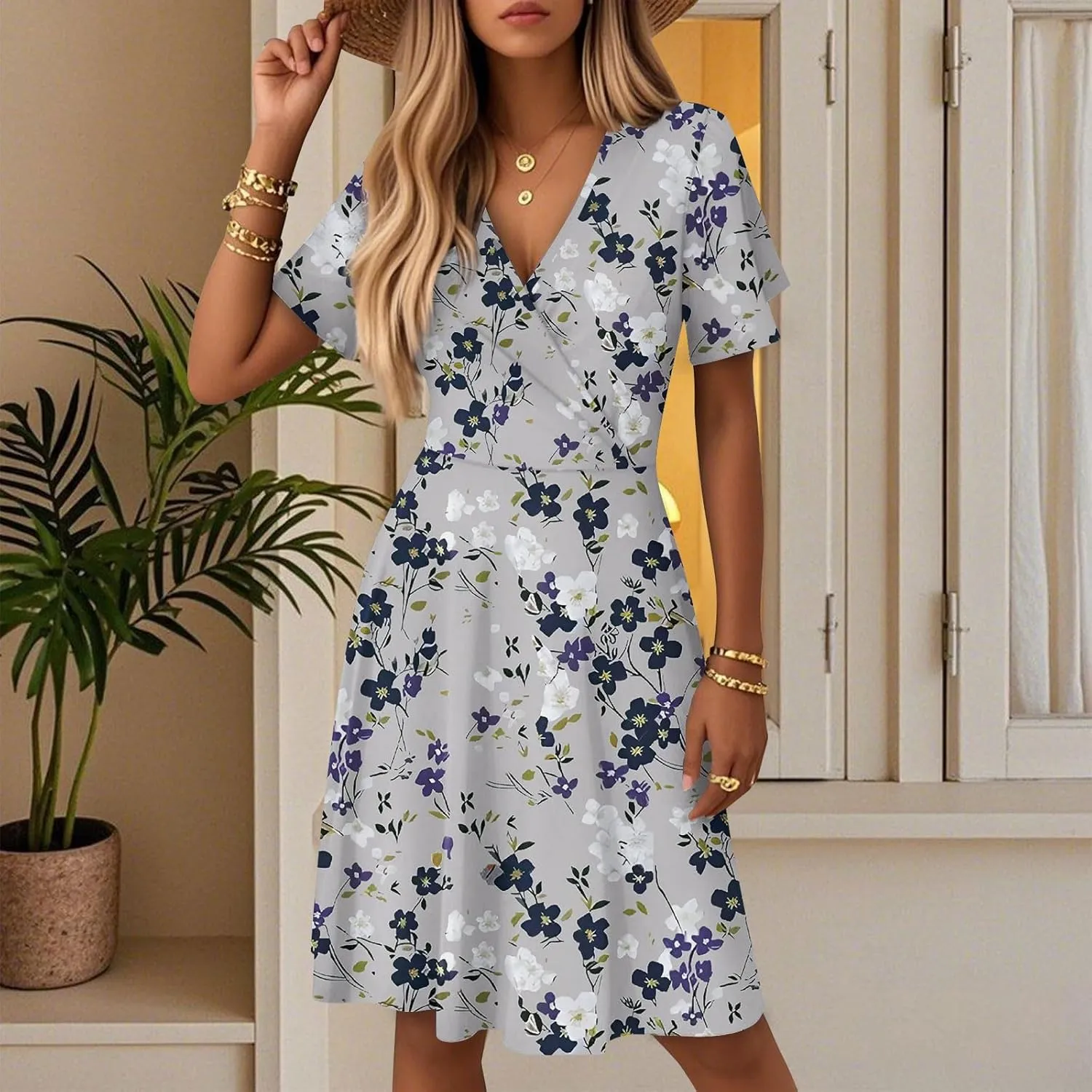 Floral Dress for Women Slant Open V Neck Flowy Side Split Short Sleeve Casual Cozy Midi Dress Beach Vacation Fashion