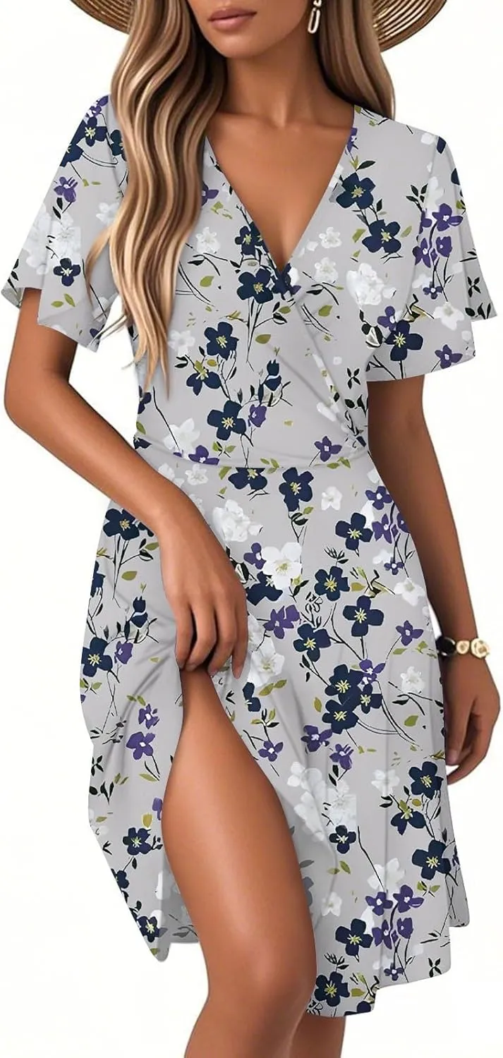 Floral Dress for Women Slant Open V Neck Flowy Side Split Short Sleeve Casual Cozy Midi Dress Beach Vacation Fashion