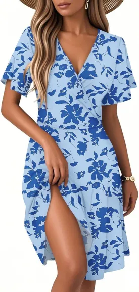 Floral Dress for Women Slant Open V Neck Flowy Side Split Short Sleeve Casual Cozy Midi Dress Beach Vacation Fashion