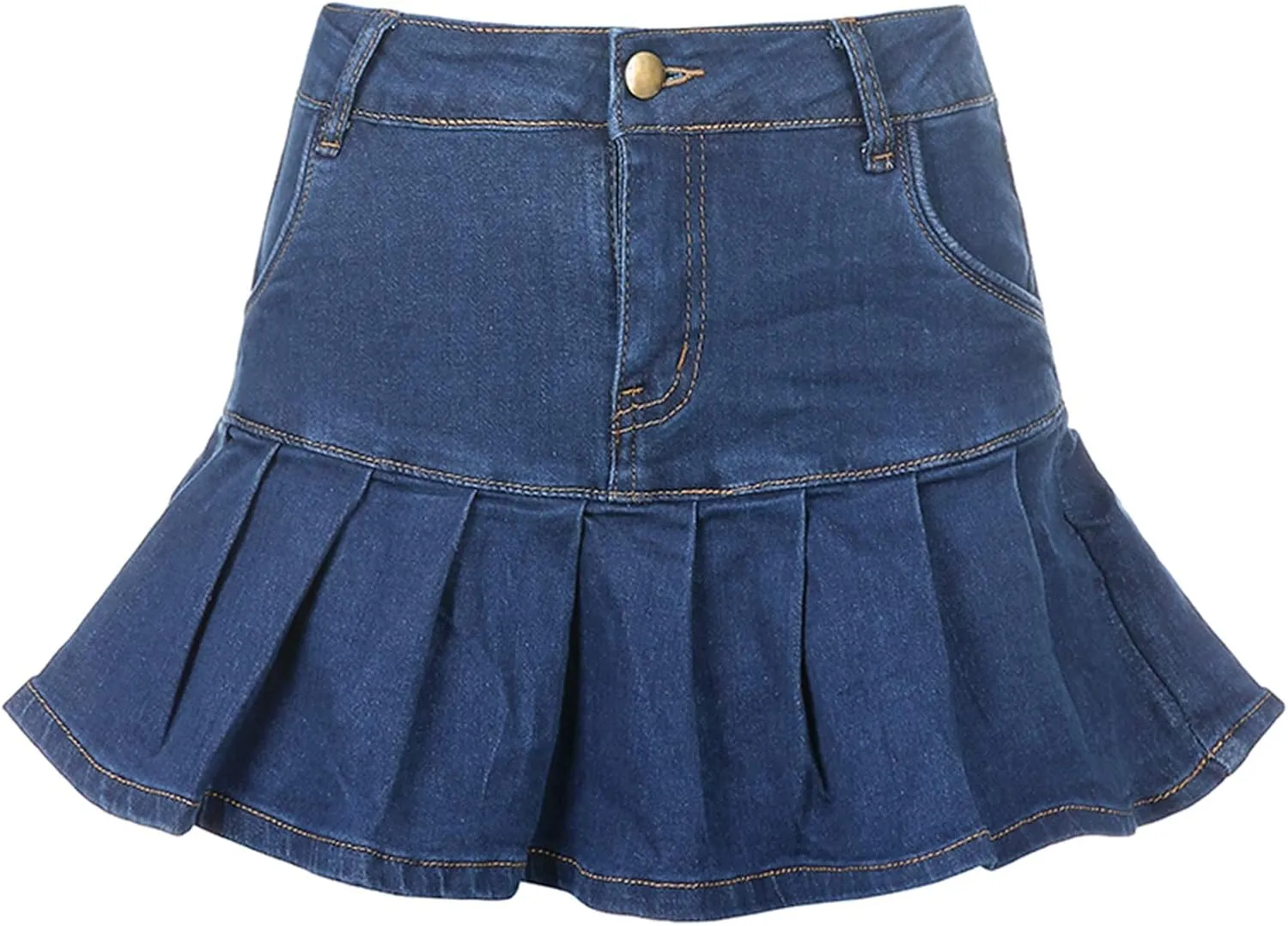 FOMOYUU Women's Denim Pleated Skirt Solid Color High Waist Mini A-line Skirt Ruffled Casual Slim Fit Short Skirt