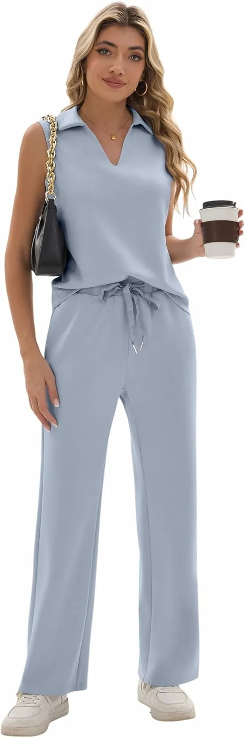 FUNYYZO Women's 2 Piece Outfits Lounge Sets Casual Sleeveless Summer V-Neck Dressy Collared Tracksuit Lounge