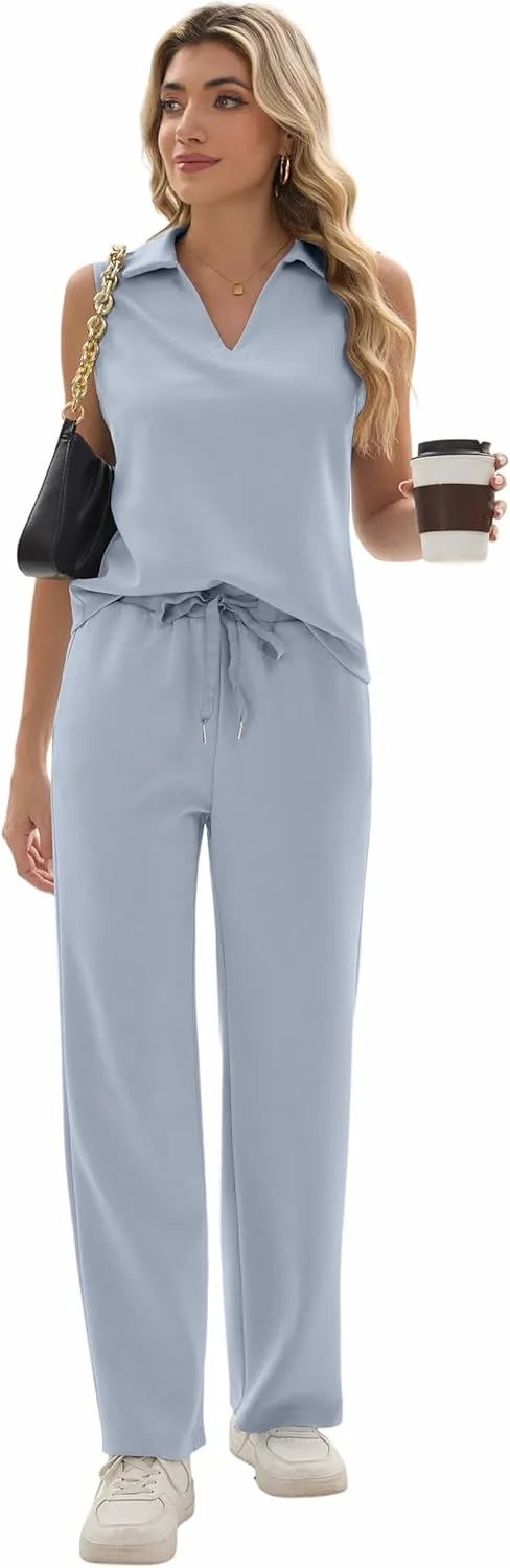 FUNYYZO Women's 2 Piece Outfits Lounge Sets Casual Sleeveless Summer V-Neck Dressy Collared Tracksuit Lounge
