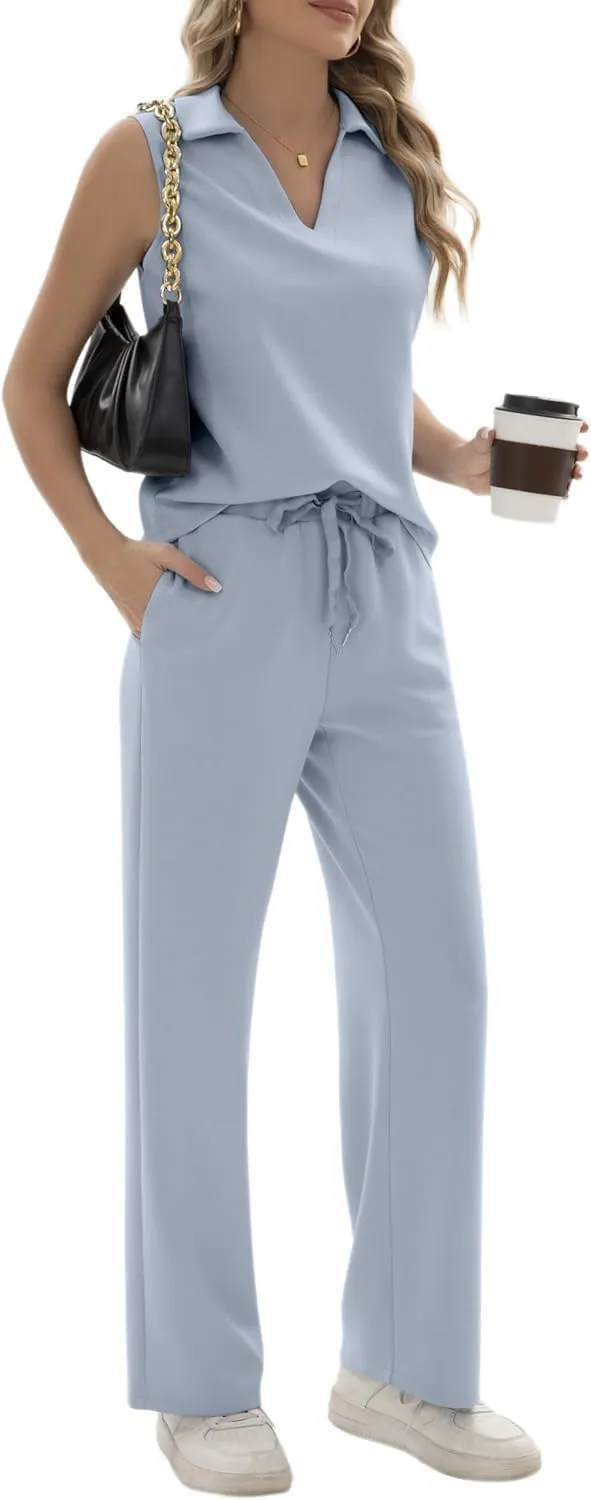 FUNYYZO Women's 2 Piece Outfits Lounge Sets Casual Sleeveless Summer V-Neck Dressy Collared Tracksuit Lounge